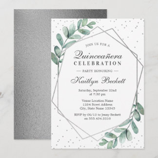 Eucalyptus Silver Geometric Quinceñera Geburtstag Einladung