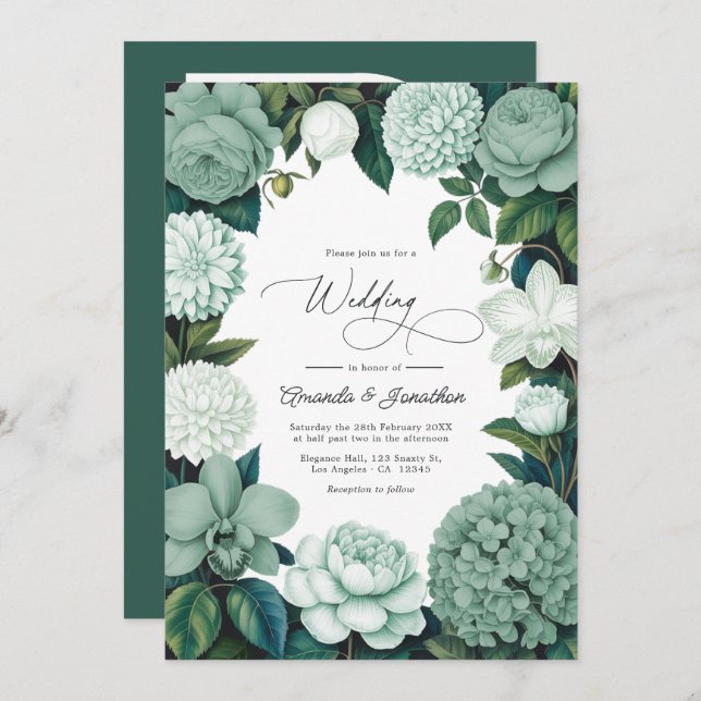 Eucalyptus Soft, Mint Frost & Snowdrop Wedding Einladung (Vorne/Hinten)