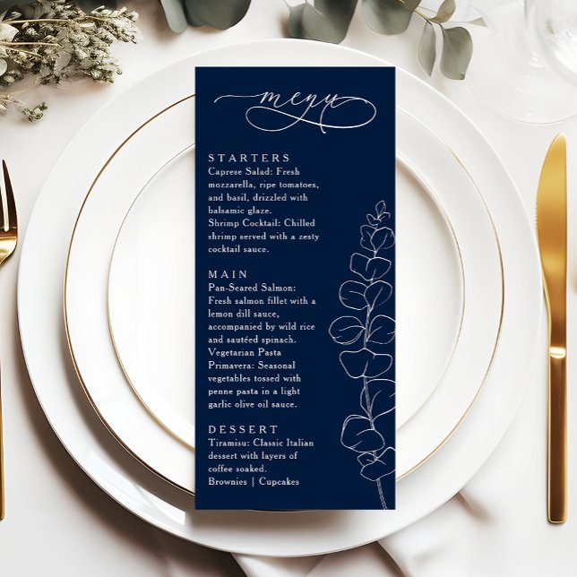 Eucalyptus Spring Navy Blue Wedding Dinner Menükarte (Von Creator hochgeladen)
