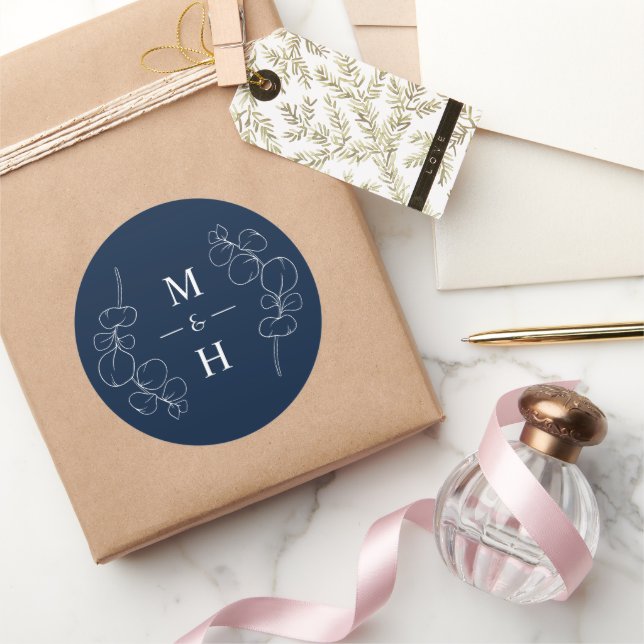 Eucalyptus Springs Monogram Navy Blue Wedding Runder Aufkleber (Schenken)