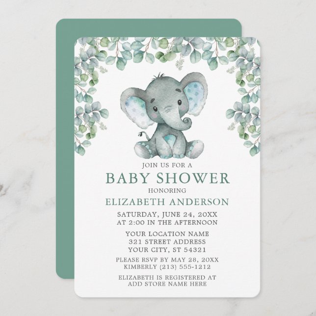 Eucalyptus Verlasse Elephant Baby Dusche Einladung (Vorne/Hinten)