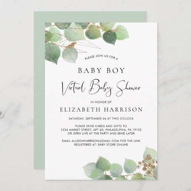 Eucalyptus Watercolor Baby Boy Virtual Dusche Einladung (Vorne/Hinten)