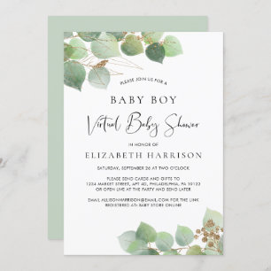 Eucalyptus Watercolor Baby Boy Virtual Dusche Einladung
