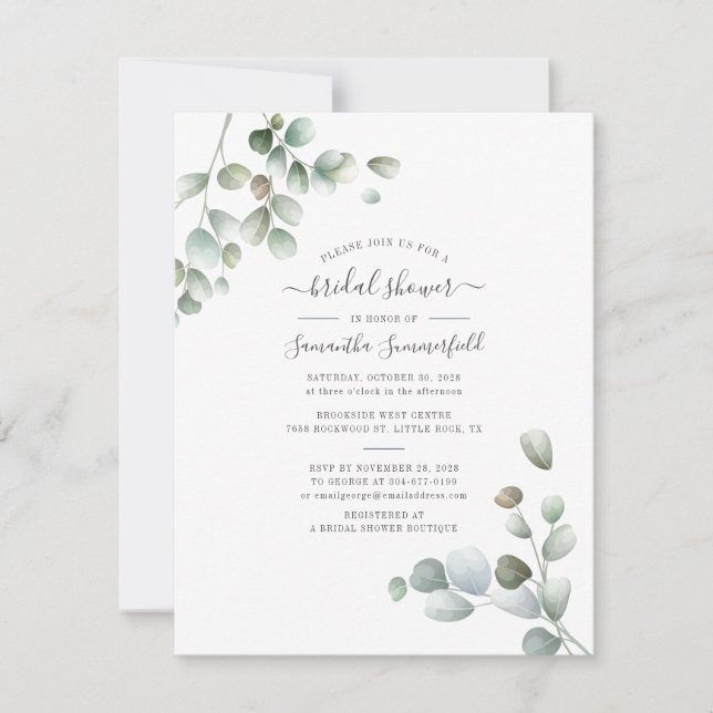 Eucalyptus Watercolor Foliage Script-Brautparty Einladung (Vorderseite)