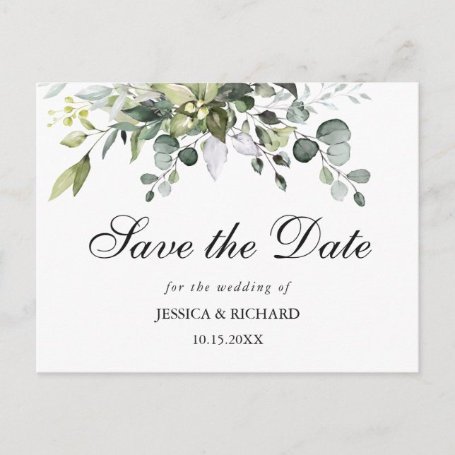 Eucalyptus Watercolor Save the Date Postkarte (Vorderseite)