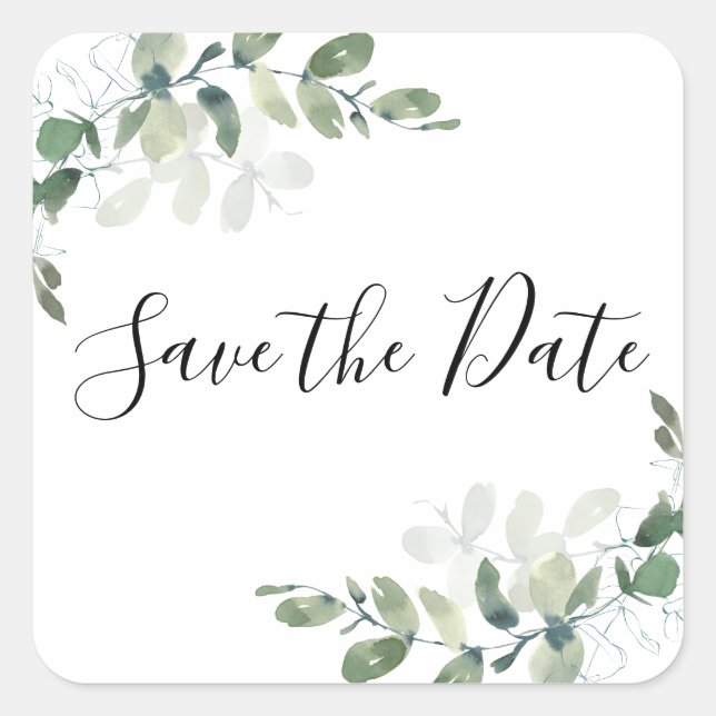 Eucalyptus Watercolor Save the Date Quadratischer Aufkleber (Vorderseite)
