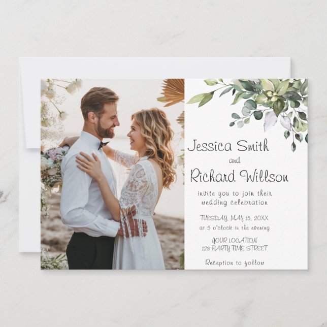 Eucalyptus Watercolor Wedding FOTO Einladung (Vorderseite)