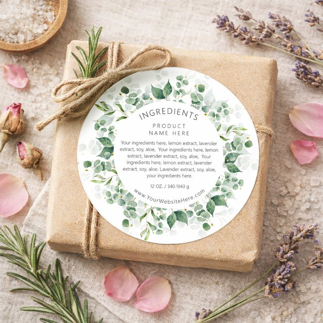 Eucalyptus Watercolor Wreath Ingredients Labels Runder Aufkleber (Eucalyptus Watercolor Wreath Ingredients Labels)