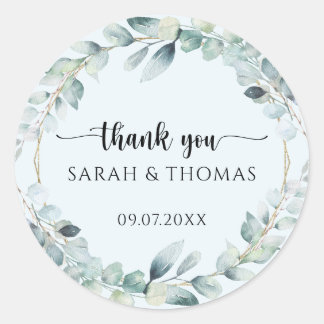 Eucalyptus Watercolor Wreath Wedding Thank You Runder Aufkleber