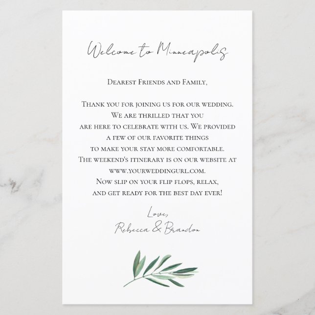 Eucalyptus Wedding Welcome Bag Letter (Vorderseite)
