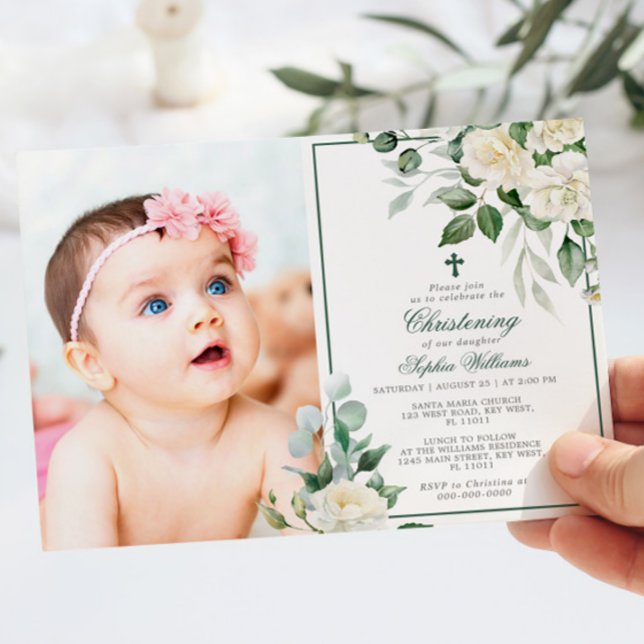 Eucalyptus White Blume Foto Girl Christening Einladung (Von Creator hochgeladen)