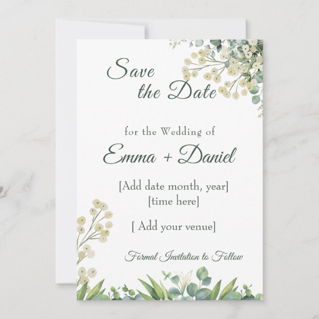 Eucalyptus & White Florals Botanical Wedding Save The Date (Vorderseite)