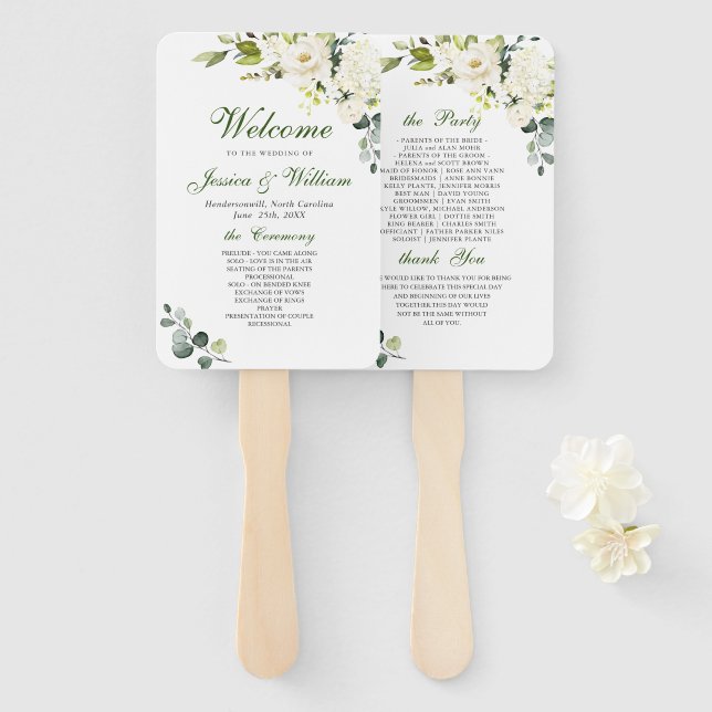 Eucalyptus White Roses Wedding Program Han Fächer (Vorne und Hinten)