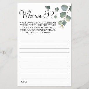 Eucalyptus Who I am Bridal shower game card Flyer