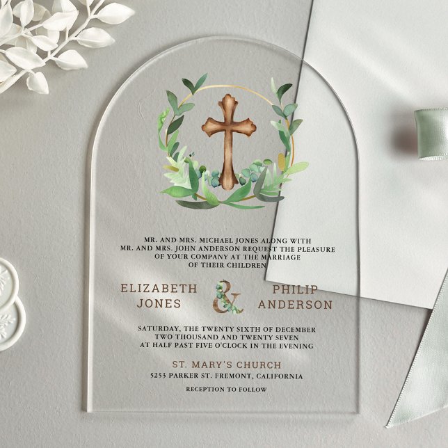 Eucalyptus Wood Cross Catholic Wedding Acryleinladungen (Von Creator hochgeladen)