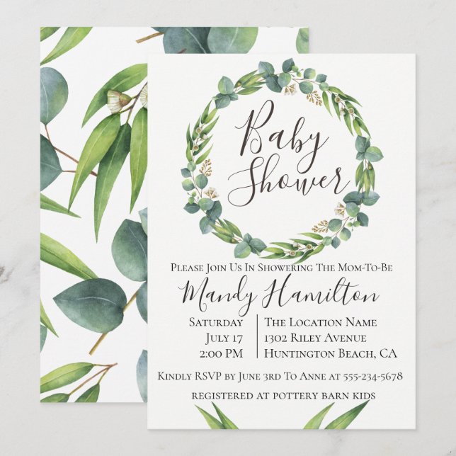 Eucalyptus Wreath Baby Shower Einladung (Vorne/Hinten)