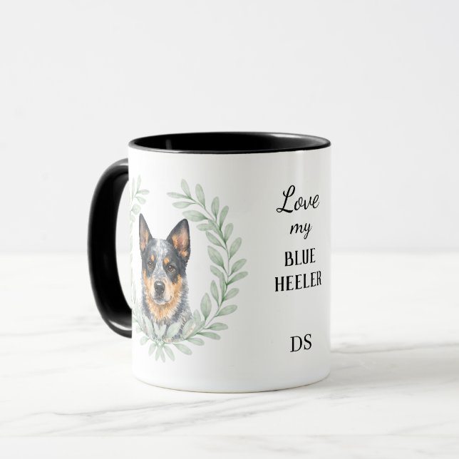 Eucalyptus Wreath Blue Heeler Dog Monogram Tasse (Vorderseite Links)