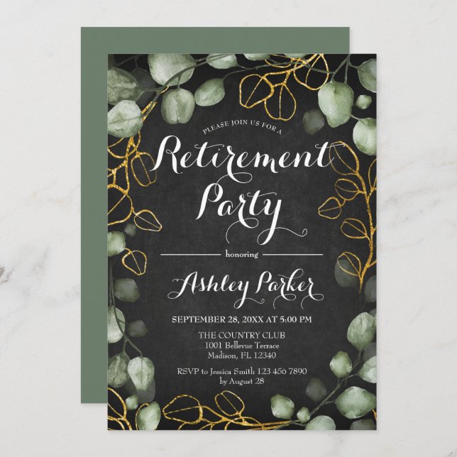 Eucalyptus Wreath Chalkboard Retirement Party Einladung (Vorne/Hinten)