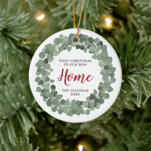 Eucalyptus Wreath Personalized 1st Xmas New Home Keramik Ornament