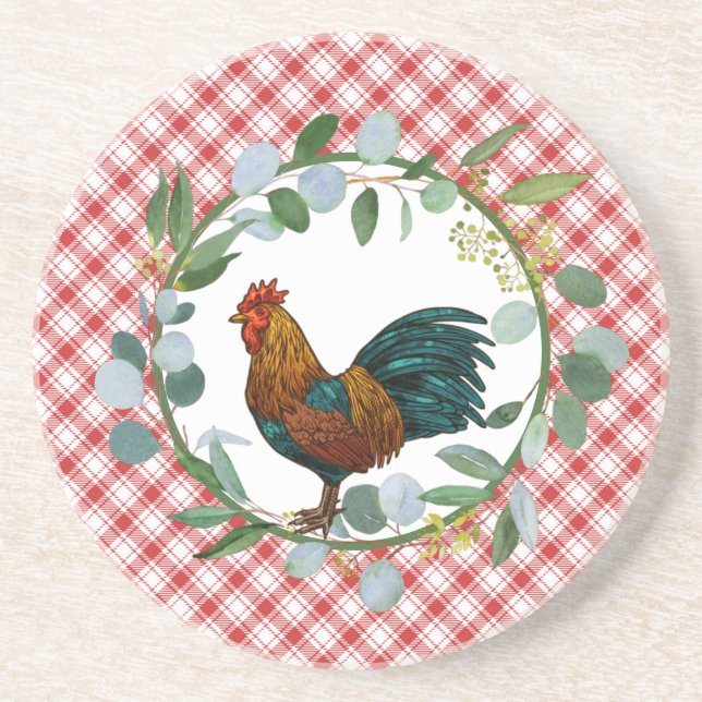 Eucalyptus Wreath & Rooster Farmhouse Getränkeuntersetzer (Vorne)