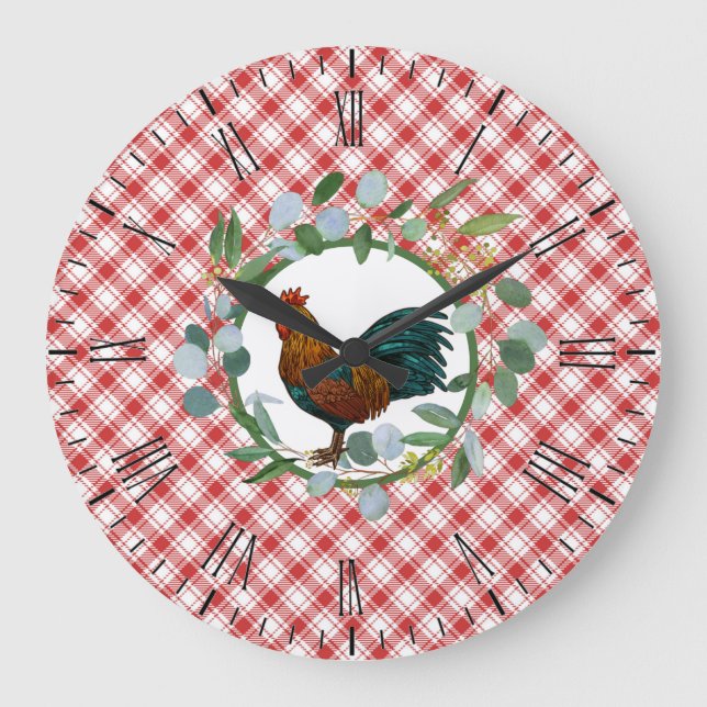 Eucalyptus Wreath & Rooster Farmhouse Große Wanduhr (Vorderseite)