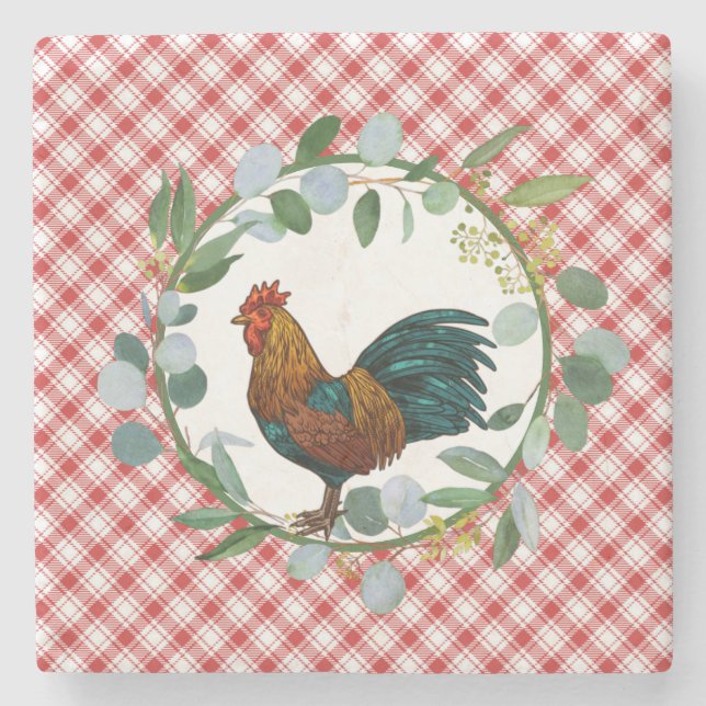 Eucalyptus Wreath & Rooster Farmhouse Steinuntersetzer (Vorderseite)