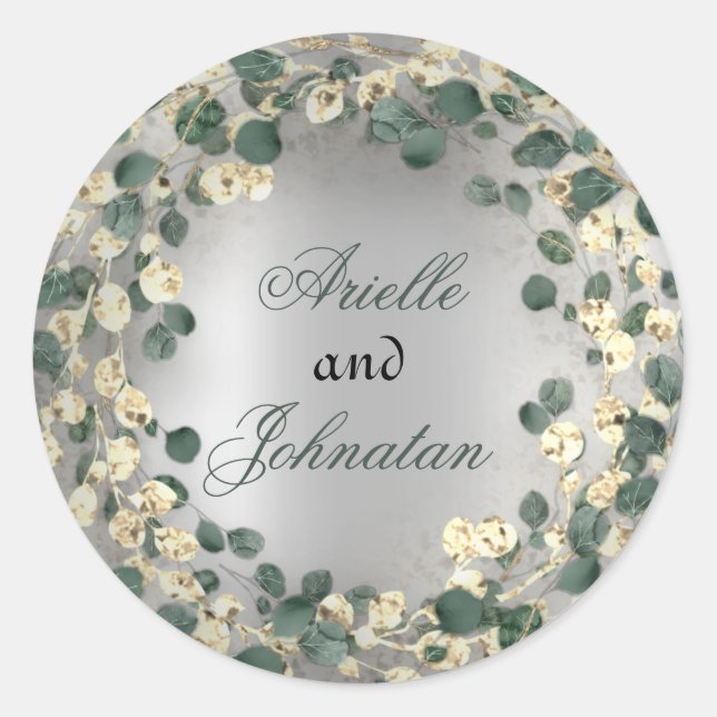 Eucalyptus Wreath Wedding Name Gefallen Grünes Gol Runder Aufkleber (Vorderseite)
