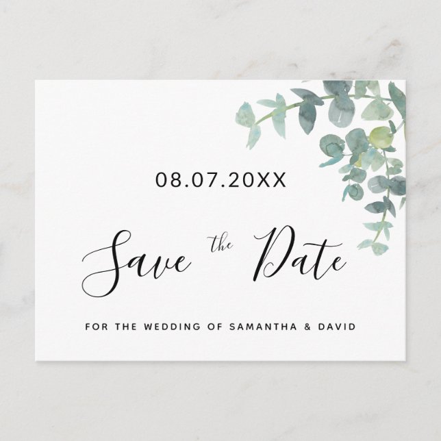 Eukaluptus Grüne Hochzeit speichern Sie das Datum Postkarte (Vorderseite)