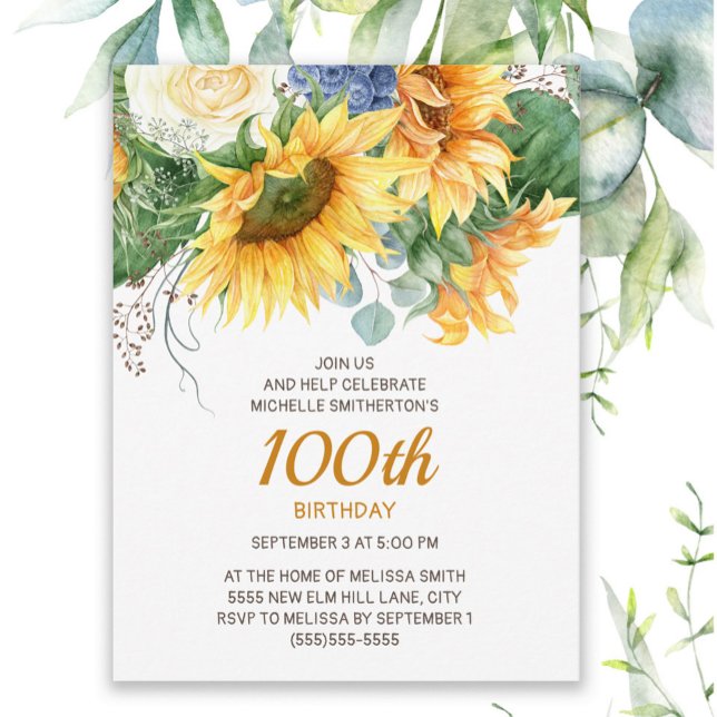 Eukalyptus 100. Geburtstag Postkarte (Sunflowers and eucalyptus 100th birthday party invitation)