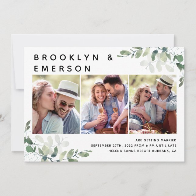 Eukalyptus 3 Foto QR Code Hochzeit Einladung (Vorderseite)