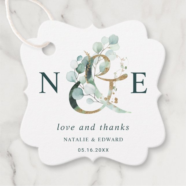 Eukalyptus Ampersand Gold Green Wedding Vielen Dan Geschenkanhänger (Vorderseite)