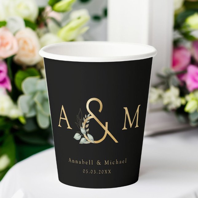 Eukalyptus Ampersand Hochzeit Pappbecher (Eucalyptus Ampersand Wedding Paper Cups, Black,Gold, Botanical.)