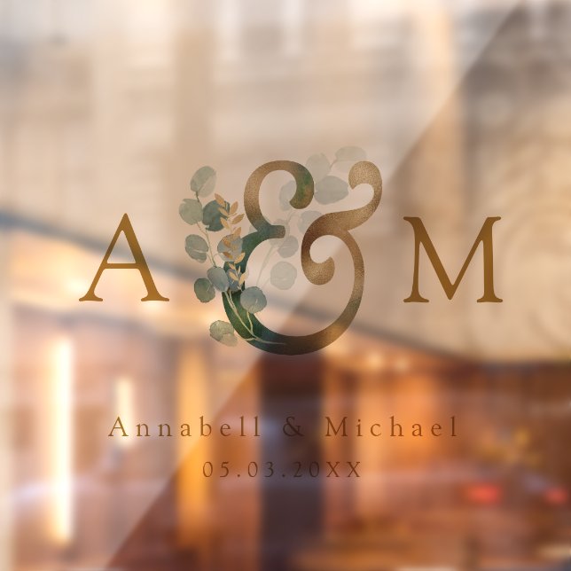 Eukalyptus, Ampersand, Monogramm, Hochzeit Fensteraufkleber (Blatt 2)