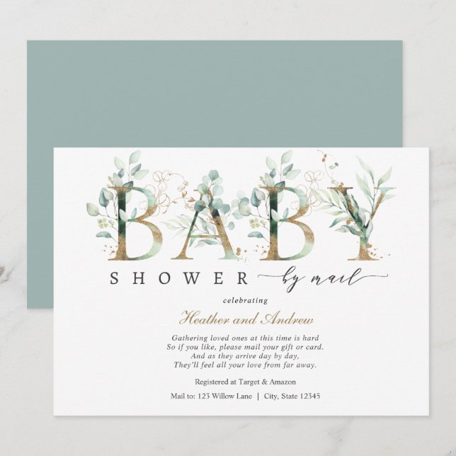 Eukalyptus and Gold Lettering Baby Shooter by Mail Einladung (Vorne/Hinten)