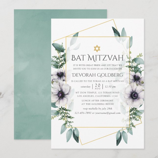 Eukalyptus Anemone Geometric Bat Mitzvah Einladung (Vorne/Hinten)