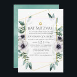 Eukalyptus Anemone Geometric Bat Mitzvah Einladung<br><div class="desc">Trendy geometrische Eukalyptusgrün und Mohn Blume in Pastelltönen fledermassen Mitzvah Einladung mit goldenem geometrischem Rahmen und Minze Aquarellwaschung rückwärts.</div>