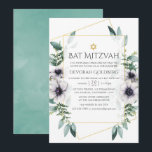 Eukalyptus Anemone Geometric Bat Mitzvah Einladung<br><div class="desc">Trendy geometrische Eukalyptusgrün und Mohn Blume in Pastelltönen fledermassen Mitzvah Einladung mit goldenem geometrischem Rahmen und Minze Aquarellwaschung rückwärts.</div>