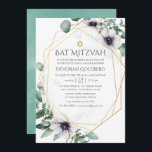Eukalyptus Anemone Geometric Bat Mitzvah Einladung<br><div class="desc">Trendy geometrische Eukalyptusgrün und Mohn Blume in Pastelltönen fledermassen Mitzvah Einladung mit goldenem geometrischem Rahmen und Minze Aquarellwaschung rückwärts.</div>