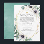 Eukalyptus Anemone Geometric Bat Mitzvah Einladung<br><div class="desc">Trendy geometrische Eukalyptusgrün und Mohn Blume in Pastelltönen fledermassen Mitzvah Einladung mit goldenem geometrischem Rahmen und Minze Aquarellwaschung rückwärts.</div>