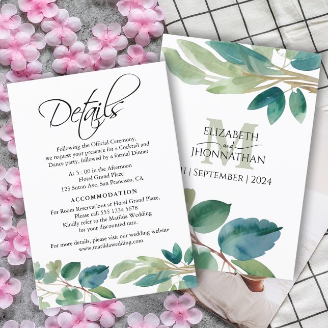 Eukalyptus-Aquarellfarbendetails Monogramm Begleitkarte (Von Creator hochgeladen)