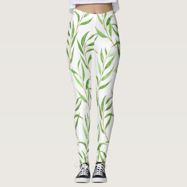 Eukalyptus-Aquarellmuster auf Weiß Leggings (Vorderseite)