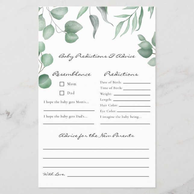 Eukalyptus Baby Shower Game Vorhersagen & Ratschlä Flyer (Vorne)