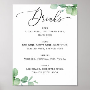 Eukalyptus-Bar-Menüschild Elegante Hochzeitsgetr Poster
