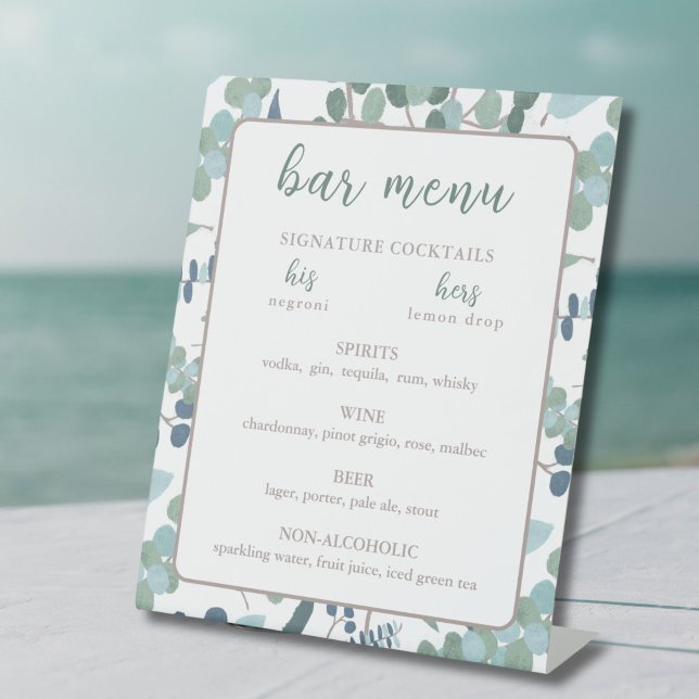 Eukalyptus-Bar Sockelschild (Custom Wedding Bar Menu with eucalyptus leaves border)