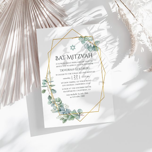 Eukalyptus Bat Mitzvah Einladung (Watercolor Geometric Eucalyptus Bat Mitzvah Invitation)