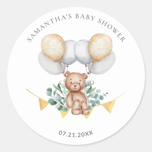 Eukalyptus Bear & Balloons Babydusche Runder Aufkleber (Vorderseite)