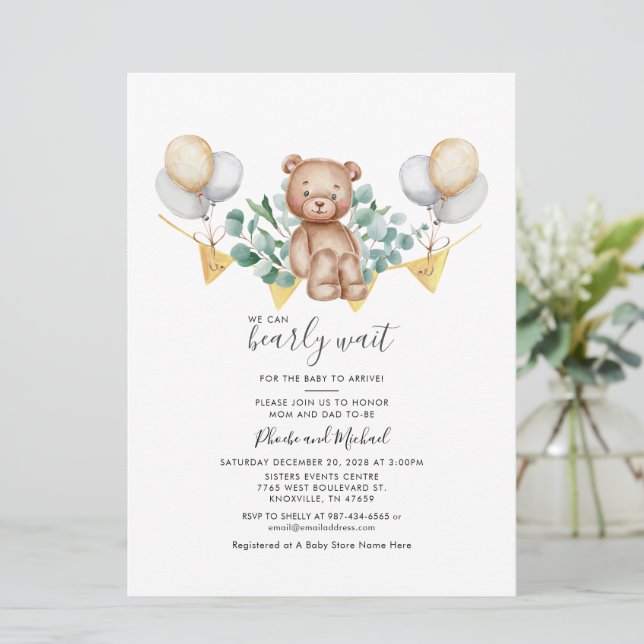 Eukalyptus Bear Couple Baby Shower Greenery Script Einladung (Stehend Vorderseite)