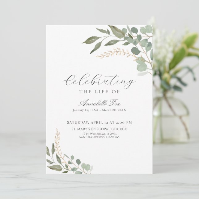 Eukalyptus-Beerdigungsordnung des Dienstprogramms Einladung (Stehend Vorderseite)