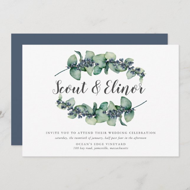 Eukalyptus Berry Minimalistisch Botanische Hochzei Einladung (Vorne/Hinten)