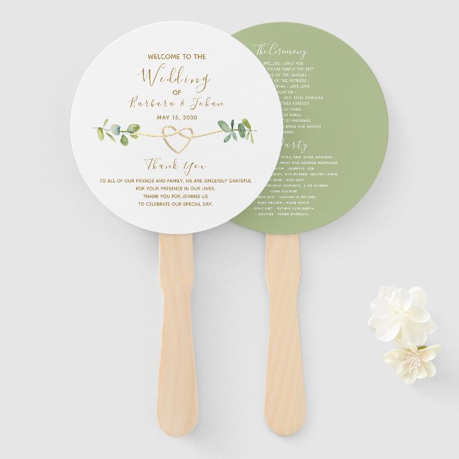 Eukalyptus-Blatt-Hochzeitsprogramm-Handfächer Fächer (Vorne und Hinten)